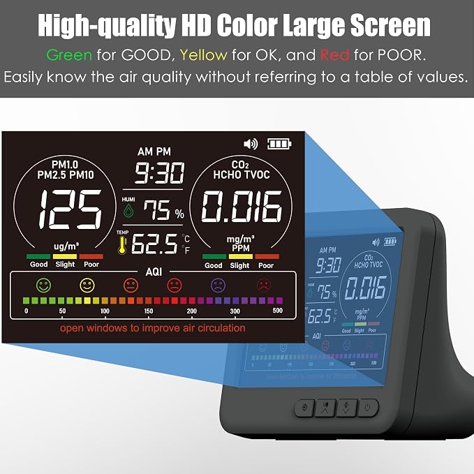 Professional 16-in-1 Portable Indoor Air Quality Monitor with AQI Reminder, Real-Time Air Detector for Home, Bedroom, Office, Car & Daily Use