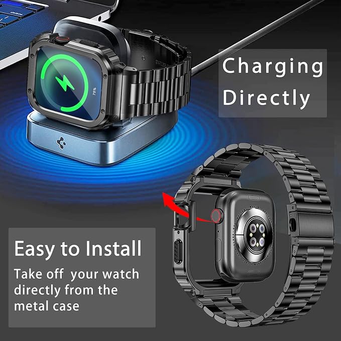 MioHHR Stainless Steel Band and Case Compatible with Apple Watch Band 42mm Series 11 10, Men Metal Protective Bumper Cover for iWatch 42mm Series 11/10, Black