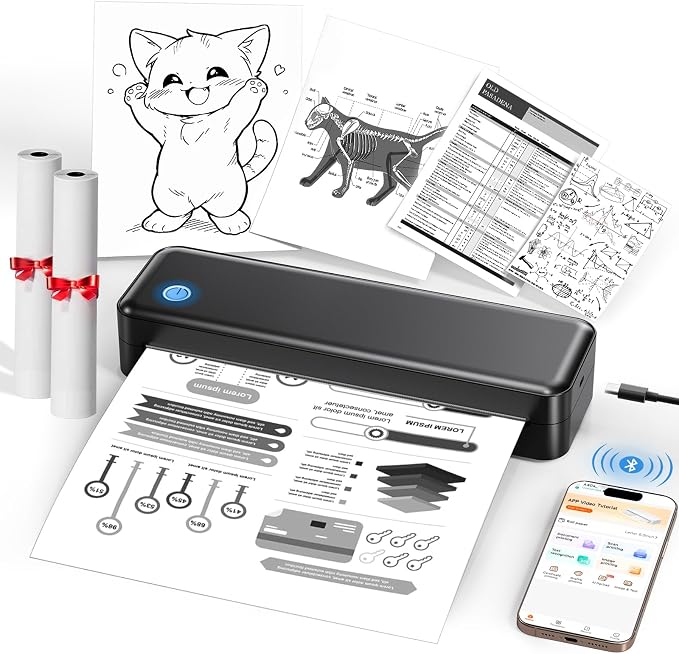 PEDOOLO Portable Printer Wireless for Travel, Inkless Thermal Printer Supports 8.5 x 11 Inch Thermal Paper, Bluetooth Compatible with iOS, Android, Laptop Includes 2 Rolls & 10 Sheets of Paper Kit