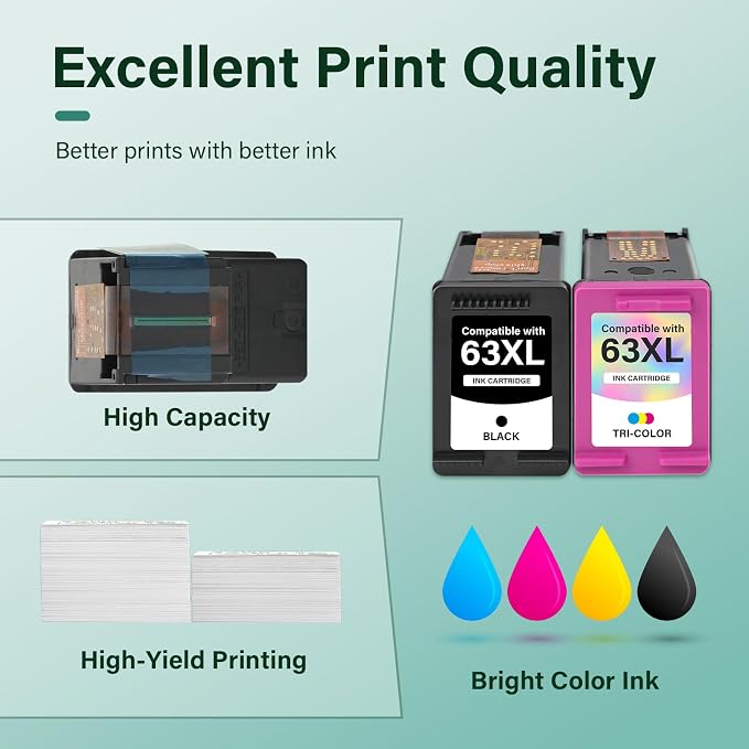 Cool Toner 63 63XL Ink Cartridges Black and Color Combo Pack Replacement for HP63XLBlack 63 XL for HP Envy 4520 Officejet 3830 4650 5255 5258 5200 4655 Deskjet 1112 3630 2132 3632 2130 Printer 2-Pack