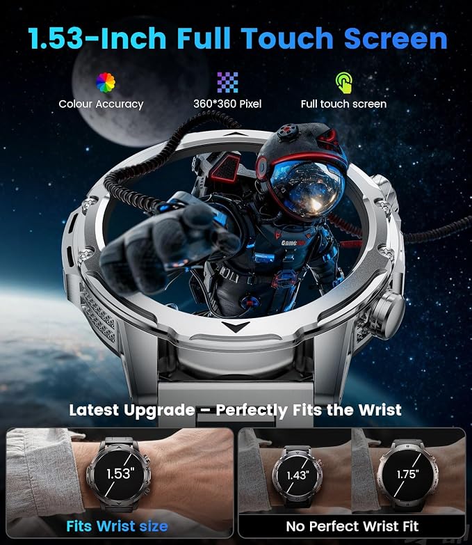 FITFLEX Military Smart Watches for Men with Answer/Make Call, 1.53“ HD Smart Watch with 1000 mAh Battery/LED Torch/120+Sports/Waterproof IP68, Watch for Men Compatible with Android/iOS(Silver)