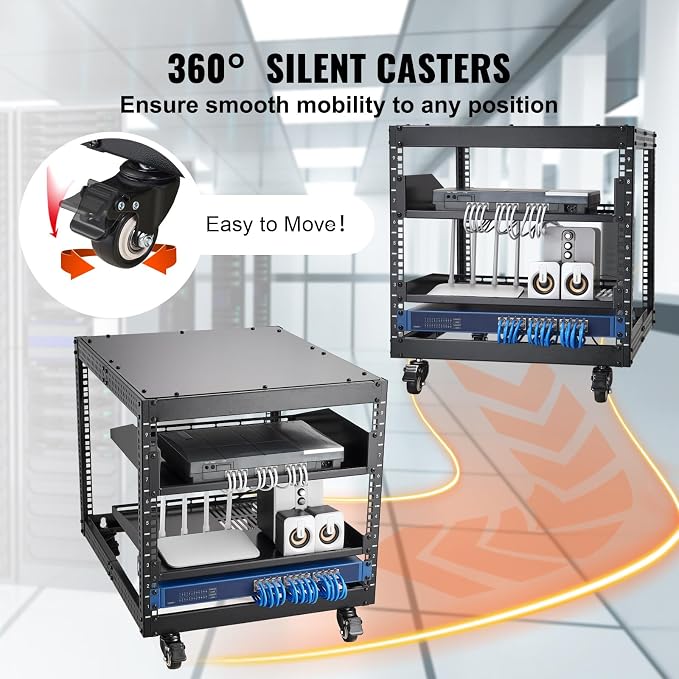 VEVOR 9U Open Frame Server Rack, 23''-40'' Adjustable Depth, Free Standing or Wall Mount Network Server Rack, 4 Post AV Rack with Casters, Holds All Your Networking IT Equipment AV Gear Router Modem
