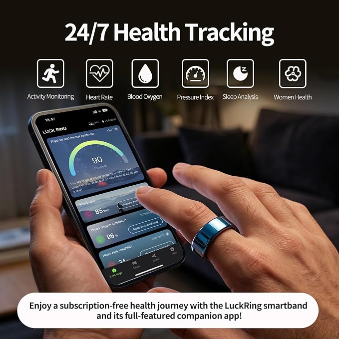 Mirlray Smart Ring for Women & Men, Smart Ring Health Tracker, Blood Oxygen & Heart Rate Monitor, Long Lasting Battery Sleep Ring, Waterproof Fitness Ring (Ti-Blue, 12)