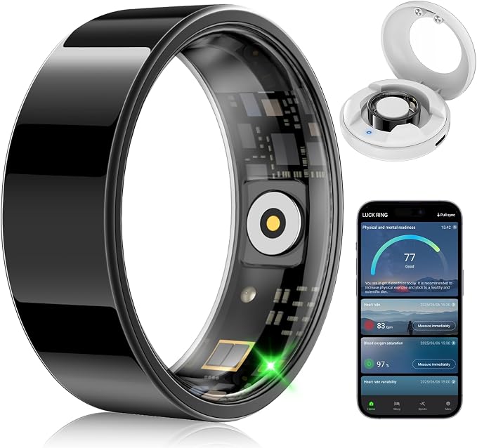 Smart Fitness and Activity Ring for Men and Women - Track Heart Rate Stress Sleep Steps and Blood Oxygen, 10ATM Waterproof Fitness Tracker for iPhone and Android, No Subscription Fee, Size 13