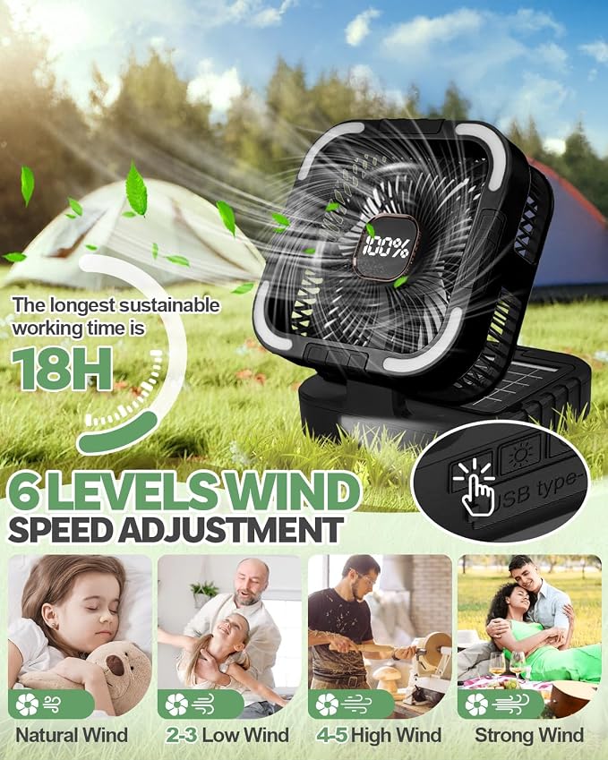 25000mah Camping Solar Fan, 120° Oscillation Rechargeable Solar Powered Fan with LED Light, 6 Adjustable Speeds Battery Powered Portable Fans, USB-C Fans for Travel Tent Camping Accessories