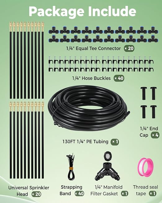130FT Drip Irrigation System for Garden: 20 Nozzles 1/4" PE Tubing Automatic Watering Kit Adjustable Misting Sprinkler Mister Hose for Water Plants Tape Raised Beds Lawn Outdoor Yard Greenhouse 130FT