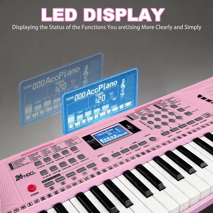 61 Key Keyboard Piano, Digital Kids Piano Keyboard with Stand, Gift for Early Education Children, Pink
