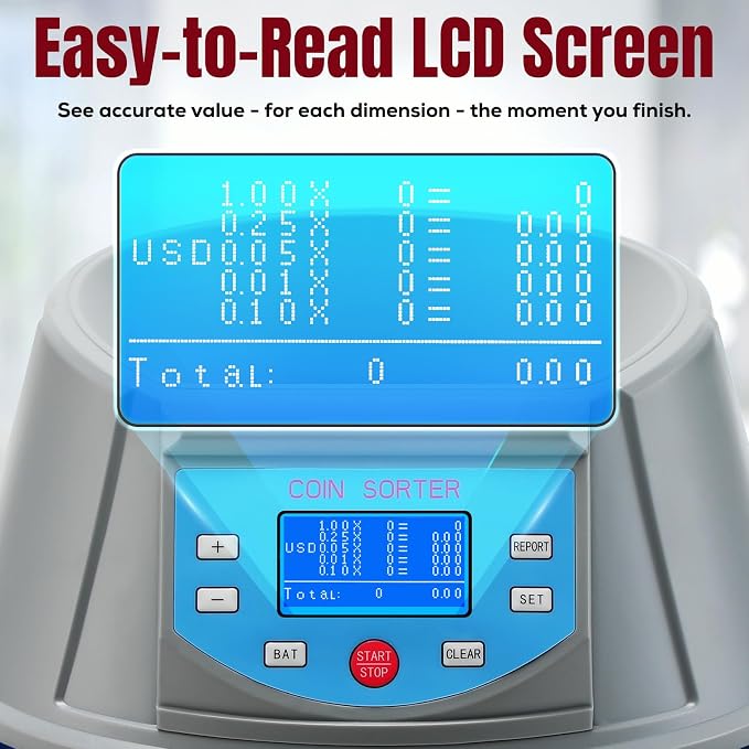 Coin Counter with LCD Dual-Display, Coin Sorter 300 Coins/min, Change Machine Large Capacity Hopper for 1￠ 5￠ 10￠ 25￠ $1, Included 5 Coin Bins & 5 Tubes & 5 Wrappers