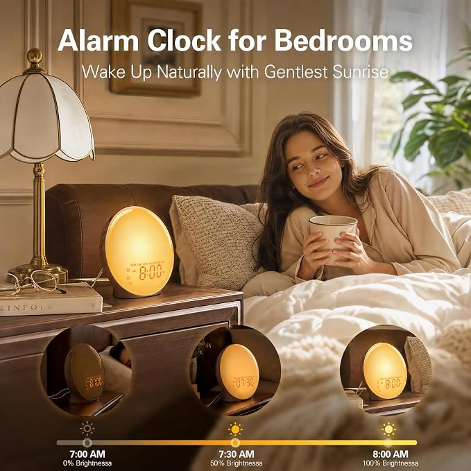 JALL Full-Screen Wake Up Light Sunrise Alarm Clocks for Bedrooms, White Noise Machine for Heavy Sleepers & Kids, 25 Natural Sounds, Dual Alarms, FM Radio, 17 Dimmable Colors, Bluetooth Speaker