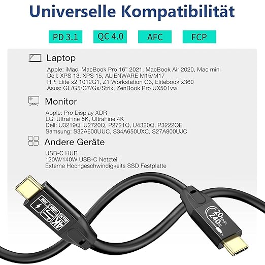 USB C 3.2 Gen 2 Cable, 16.5FT 20Gbps Type C 4K@60Hz UHD Video 5A/240W PD3.1 Fast Charge Compatible with Thunderbolt 3/4 for Phone 15Pro MacBook Monitor 5M