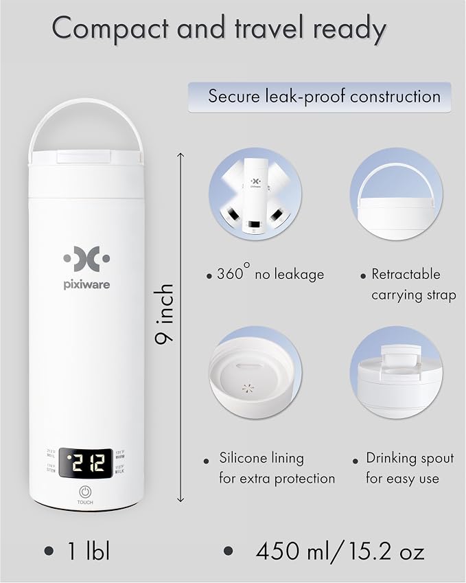 Travel Kettle Lift Lid for Hot Water on the Go 450ml – Small Portable Mini Electric Kettle – 4 Smart Temp Presets – Auto Shut-Off – Leak-Resistant – Stainless Steel BPA-Free 304