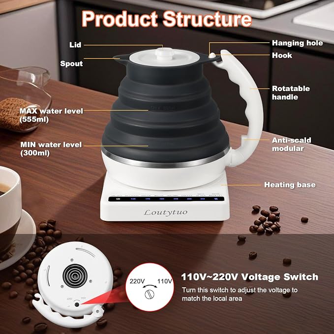 Ultrathin Food Grade Silicone Travel Foldable Electric Kettle Variable Temperature Control with Dual Voltage, Auto Shutoff & Boil Dry Protection & Keep Warm, 555ML 110-220V US Plug (Black)