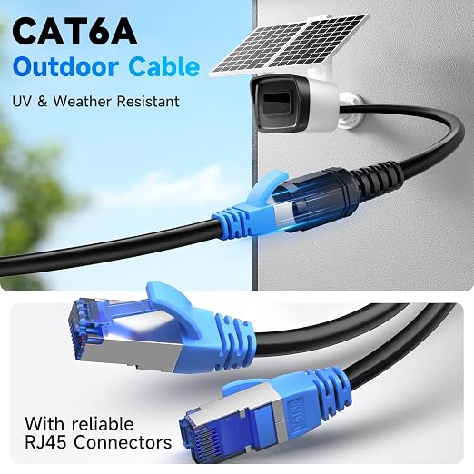 Cat6A Outdoor Ethernet Cable 75 ft Supports POE, 23AWG 550MHz high-Speed CAT6A Cable, Internet Cable Direct Burial Waterproof LLDPE Outer UTP UV LAN Network Ethernet Cord with 20 Cable Ties