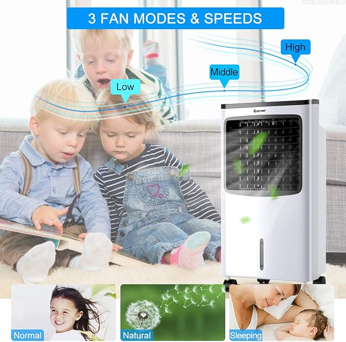 COSTWAY Evaporative Cooler, Portable Cooling Fan with Remote Control, 3-Mode, 3-Speed and 7.5H Timer Function, Include Ice Crystal Boxes, Water Tank and Casters, Bladeless Air Cooler