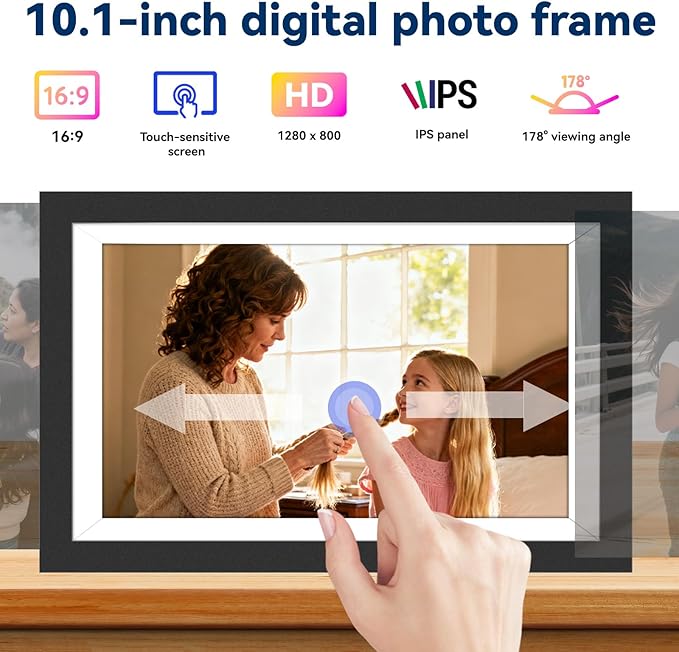 Battery Powered Digital Picture Frame UHALE,10.1" 1920x1080 HD IPS Touchscreen, Cordless Photo Frame with Auto-Rotate, Share Photos & Videos, 32GB Memory, Ideal Gift for Family