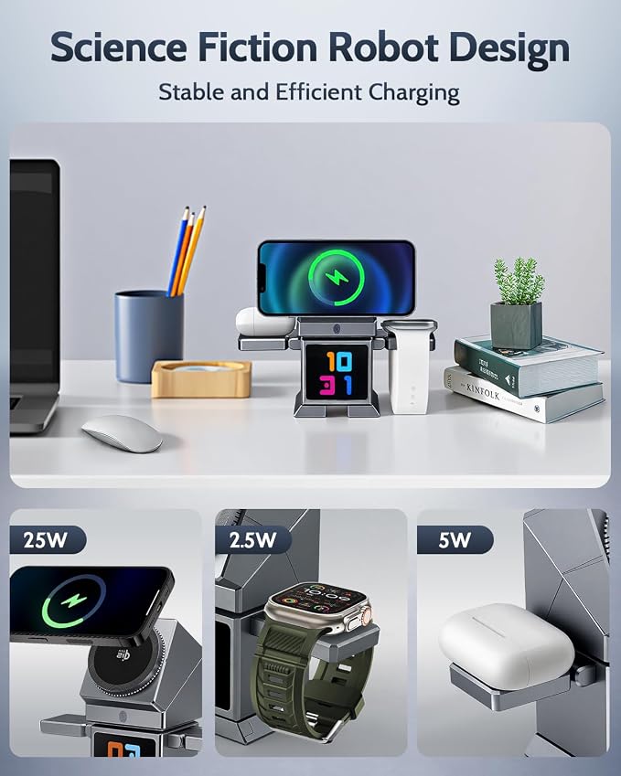 ModiTech 7 in 1 Wireless Charging Station for Apple - Qi2.2 Certified 25W Magnetic Magsafe Charger Stand for iPhone 17/16/15/14/13/12 - Apple Watch - Airpods Series, Grey with Adapter