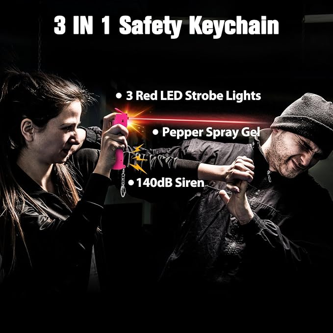 3-in-1 Pepper Spray Personal Alarm, 12ft UV Marking Dye Wind Resistant Gel Refillable, 140dB Siren, 3 Red Strobe Rechargeble, Fast Flip Safety Cover, Outdoor Running Jogging Hiking Cycling Easy Carry