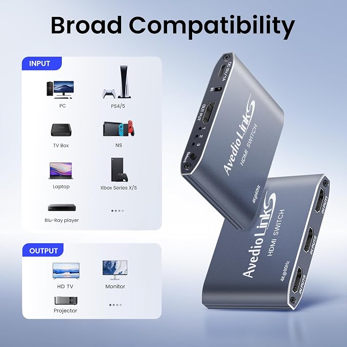 avedio links HDMI Switch 3 in 1 Out with Remote, 4K@60Hz HDMI 2.0 Switcher Box, 3 Port HDMI Selector Support 18Gbps, HDR10+, VRR, Dolby, HDCP 2.2, Compatible with PS5/PS4 Xbox Fire Stick TV Projector