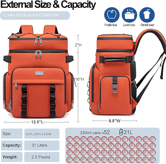 Weitars Insulated Cooler Backpack,Double Deck Waterproof Soft Cooler Bag,Backpack Coolers Leak Proof Lunch Backpack for Men Women for Travel,Camping,Picnic,Beach,Picnic,Outdoor 31L/52 Can