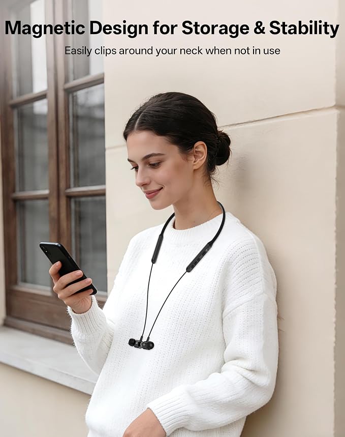 Neckband Bluetooth Headphones, Wireless Bluetooth 6.0 Earbuds with Microphone, Comfortably Light, Deep Bass Earphones 35H Playtime, IPX5 Waterproof, Magnetic Headset for Workout (Black)