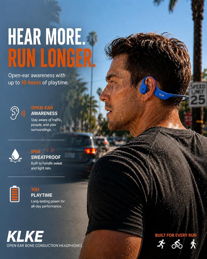Open-Ear Bone Conduction Headphones for Running, Bluetooth Sports Headphones with Rear Safety Light, Dual Modes, Adjustable Fit, IP66 Waterproof, Mic, 10H Playtime for Gym Cycling