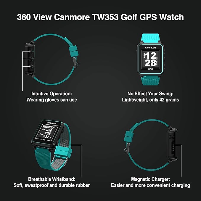 CANMORE TW353 Golf GPS Watch for Men and Women, High Contrast LCD Display, Free Update Over 41,000 Preloaded Courses Worldwide, Lightweight Essential Golf Accessory for Golfers, Black/Gray/Turquoise