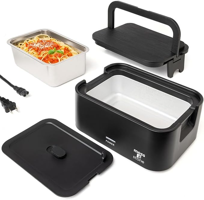 Moss & Stone Black Electric Lunch Box Food Heater for Adults, 80W Portable Warmer for Work with 0.9L 304 Stainless Steel Container, 120V Green Heated Lunch Box Suitable for Dorms/Work/Gift