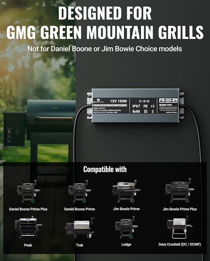 12V 12.5A Waterproof Power Supply for Green Mountain Grill Davy Crockett, Daniel Boone Prime/Plus, Jim Bowie Prime/Plus, Ledge, Peak, Trek, 18Ft Power Adapter Replacement for 12V GMG Grills