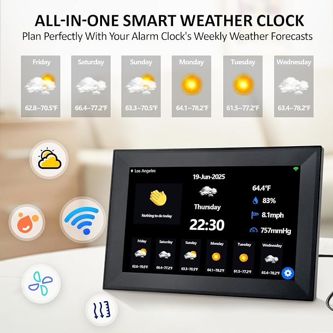 WiFi 10.1 Inch Digital Alarm Clock for Seniors, Large Display with Day/Date Smart Touchscreen Electronic Calendar 64 Alarms 64 Reminders Dementia Alarm Clock for Elderly（Black）