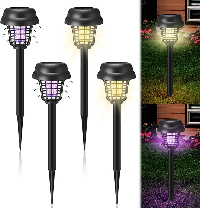 4 Pcs Solar Bug Zapper Outdoor Waterproof Mosquito Repellent Light Solar Power Fly Killer Lamps for Moths, Gnats, Fly, Small Flying Insect Backyard Garden Lawn (Plastic,Purple & Warm Light)