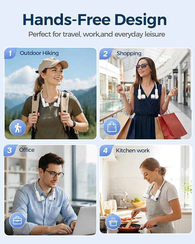 Portable Neck Fan, 5 Speeds LED Display, 6H Battery, 3-in-1 Magnetic Detachable Neck Fan with Flashlight, Adjustable Width, Rechargeable Hands-Free Bladeless Wearable Fan for Outdoor Travel Gifts