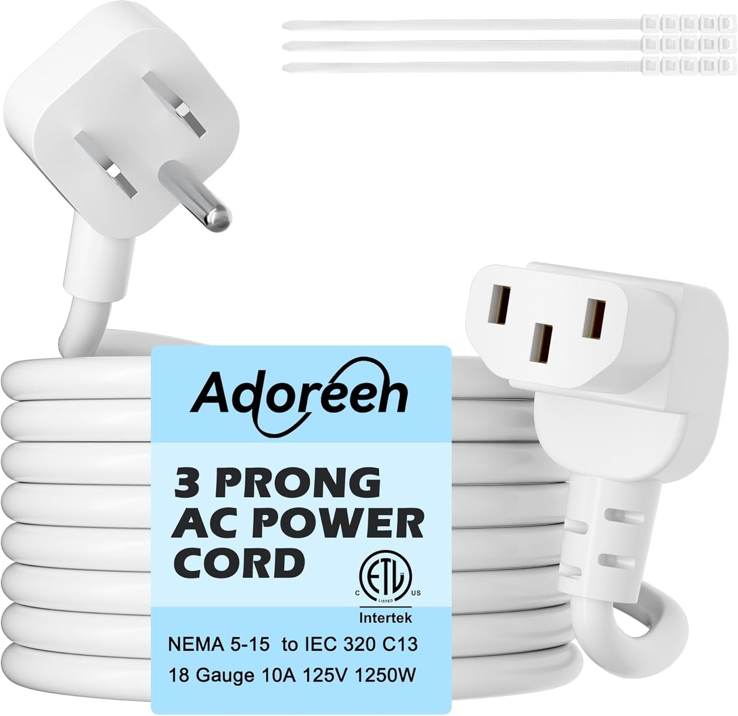 Adoreen 2 Ft Computer TV Replacement Power Cord White, Low Profile Flat Plug to 90 Degree Angled L-Shaped 18AWG 3-Prong AC Universal Power Supply Cable for Printer, PC, Monitor TV LCD, ETL+Ties