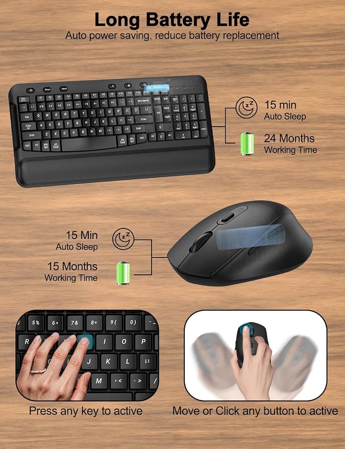 Ergonomic Wireless Keyboard and Mouse Combo, Full Size 2.4G Wave Keys with Soft Palm Rest, 3 Level DPI Optical Silent Mouse, Cordless Keyboard Mouse Combo for PC Laptop Desktop Windows Mac OS