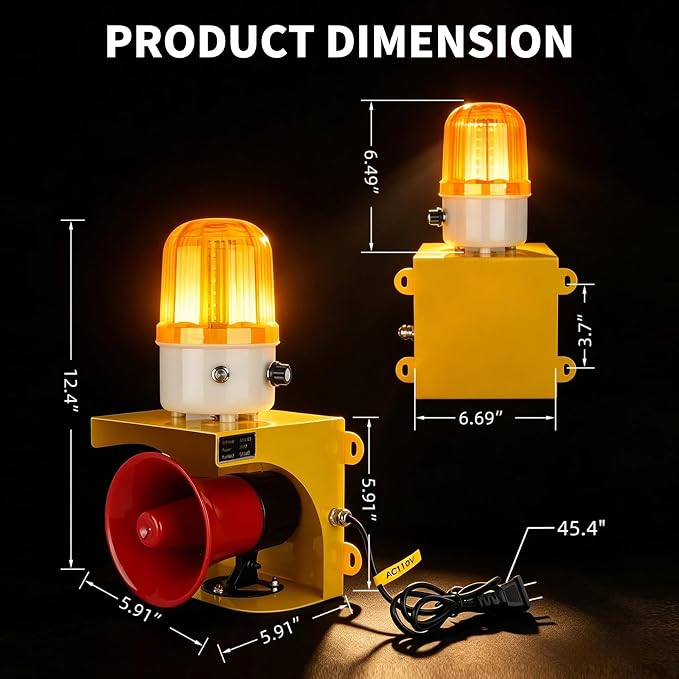 AC110V Industrial Siren Alarm Strobe Light-120dB Loud Horn&Waterproof Red Beacon Warning Light for Emergency,Factory,Fires,Tornado,Intruder Deterrent (AC110V Amber Light (Switch,0-120dB))
