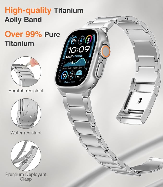 Upgraded Titanium Band Replacement Compatible with Apple Watch Band Ultra 3 Ultra 2/Ultra 49mm,iWatch Series 11/10 46mm,9/8/7 45mm,SE3/SE2/SE/6/5/4 44mm,3/2/1 42mm, Titanium Watch Band, Silver