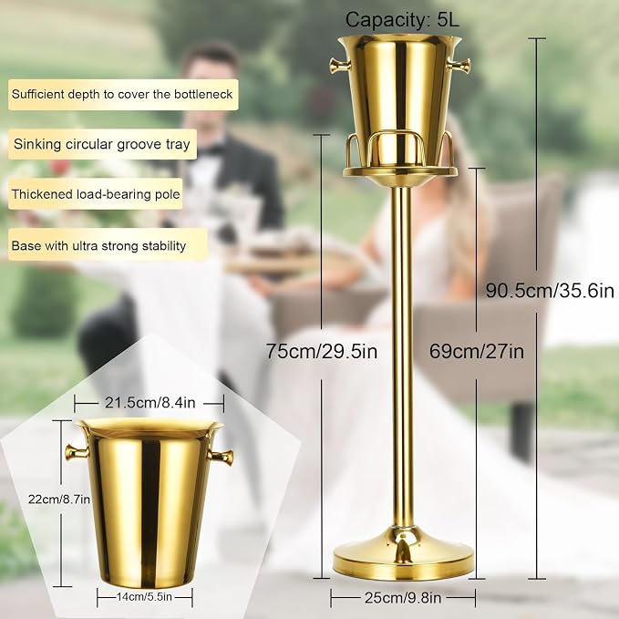 Champagne Bucket with Stand,Ice Bucket with Stand Stainless Steel Bucket Wine Chiller On Stand 12Lb Hammered Tall Ice Bucket Stand for Party Bar Ktv BBQ Home,3ft (Gold, 3 Packs)