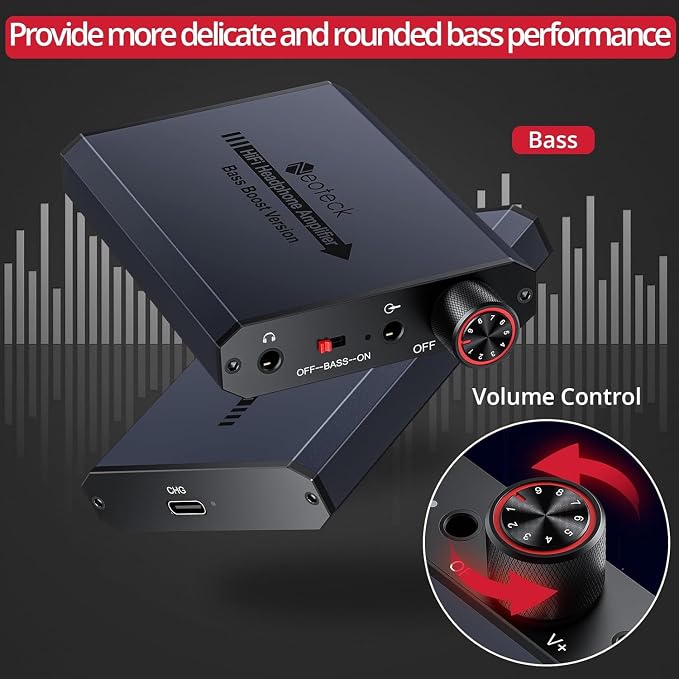 Neoteck 3.5mm Headphone Amp with Bass Boost Portable HiFi Headphone Amplifier, 16-300 Ohm, Aluminum Matte Surface for Mac, Phones, iPad, MP3, MP4 Computers PS4 PS5 Controller-Dark Grey