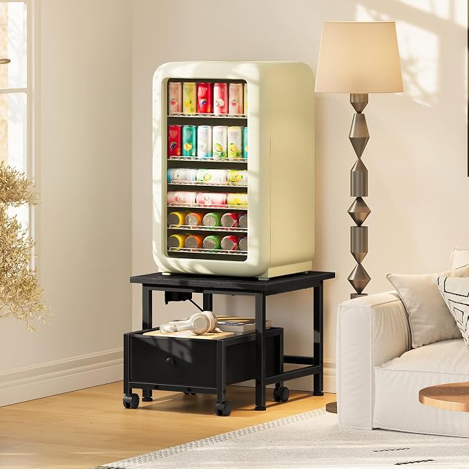 HOOBRO Mini Fridge Stand with Non-Woven Storage Basket and Power Outlet, Mini Fridge Cabinet with Wheels and Adjustable Feet, Mobile Fridge Shelf, for Home, Apartment, Dorm, Black BB355UBX01