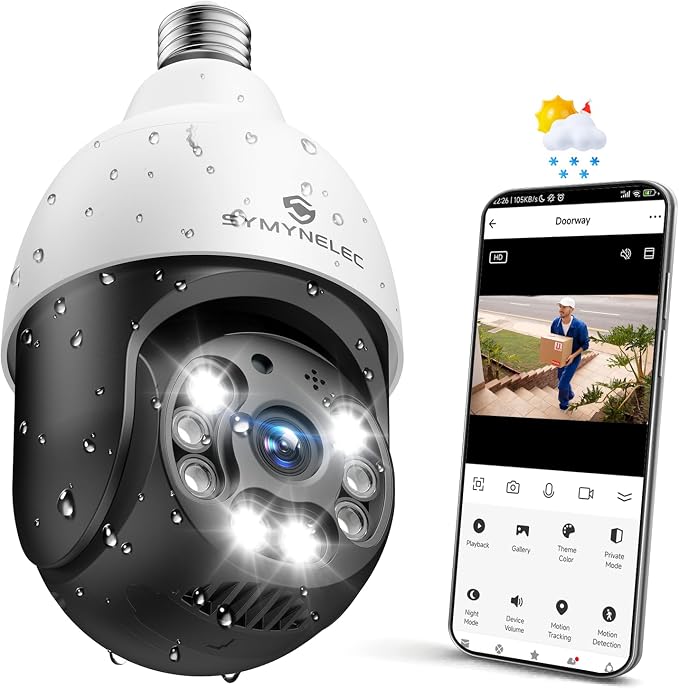 SYMYNELEC Light Bulb Security Camera Outdoor Waterproof 2.5K, 2.4GHz Wireless WiFi Light Socket Cam with AI Human Motion Detection Tracking 4MP Color Night Vision Siren Alarm Works with Alexa Google