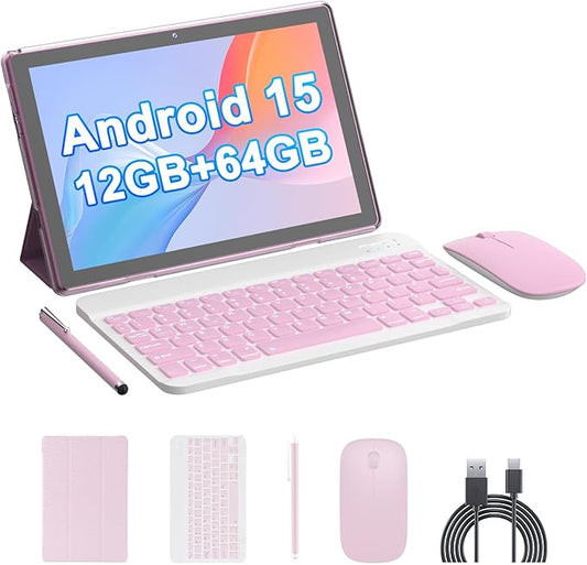 HOTTABLET Tablet 10-inch Android 15, RAM 12GB(4+8Expand) +ROM 64GB, 2+8MP Dual Camera, 6000mAh Battery, (Tablet+case+Stylus+beyboard+Mouse), Pink