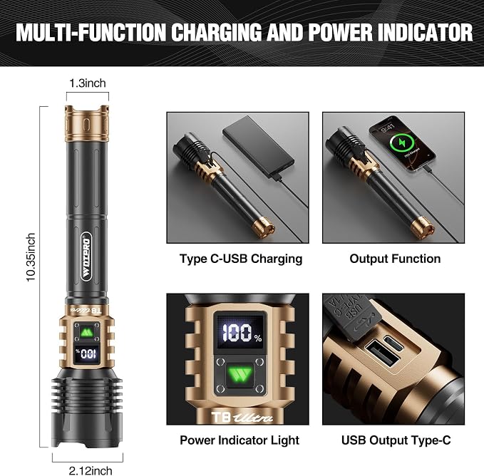 WdtPro Rechargeable LED Flashlights High Lumens, Super Bright 90000LM Rechargeable Flashlight with LCD Display, 5 Modes & Waterproof Powerful 10000mAh Handheld Flashlight for Camping Emergency Gold