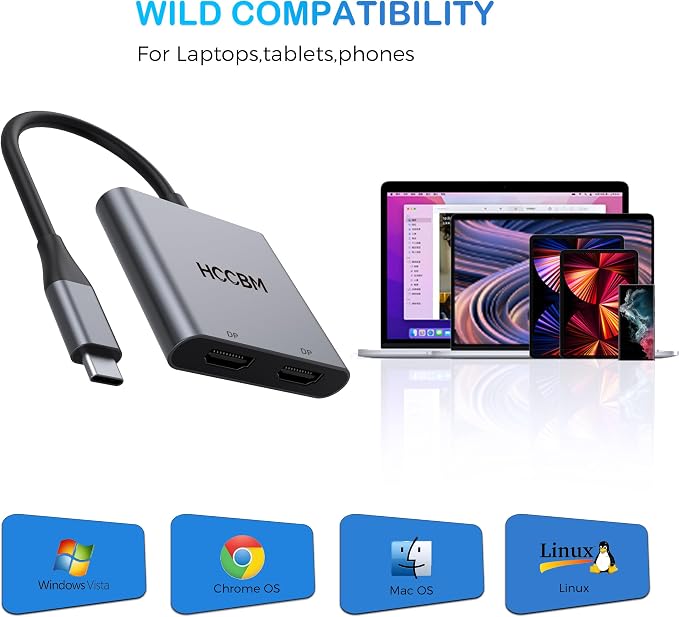USB C to Dual DisplayPort(DP) Adapter Splitter 8K, Dual Monitor Adapter for Dell HP Surface Laptops,Type C to 2 DP Hub Dongle 8K@30hz/ 4K@144HZ...