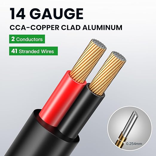 14 Gauge Speaker Wire 200 Feet CL3 Related CCA Black Cable with 2 Conductors for Outdoor Direct Burial Backyard Garden Home Car in-Wall Speaker