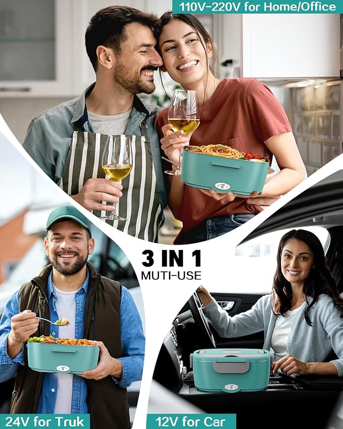80W Electric Lunch Box Food Warmer for Car/Truck/Office, 110V/24V/12V Portable Heated Lunch Box for Adults, Dual 1.5L Stainless Steel Containers, Leak-Proof & Fast Heating, 3-in-1 Design