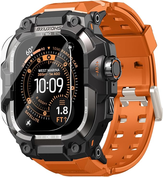 BXUXOHS Rugged Case and Band for Apple Watch Ultra 3/2/1 49mm Men, Military Grade Shockproof Bumper Cover, with 2 Pack Screen Protector, Tactical Band Case for iWatch Ultra 3 2 1 Man, Orange
