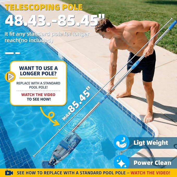 Cordless Pool Vacuum Above & Inground Pools, Powerful 1590 GPH Suction,Handheld Telescopic Pole up to 85.45", 1H Runtime, 2L Debris Bin, Rechargeable Pool Cleaner for Spas & Hot Tubs (Blue&Grey)