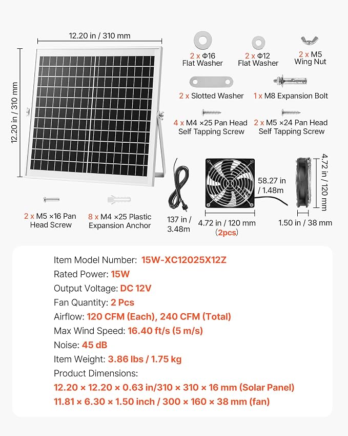 VEVOR Solar Powered Fan, 15W Solar Panel with 2 Fans, Adjustable Solar Panel Angle, 2668 RPM High-Speed, Flexible Installation, Fast Air Exchange for Greenhouse, Grow Tents, Chicken Coops, Shelters