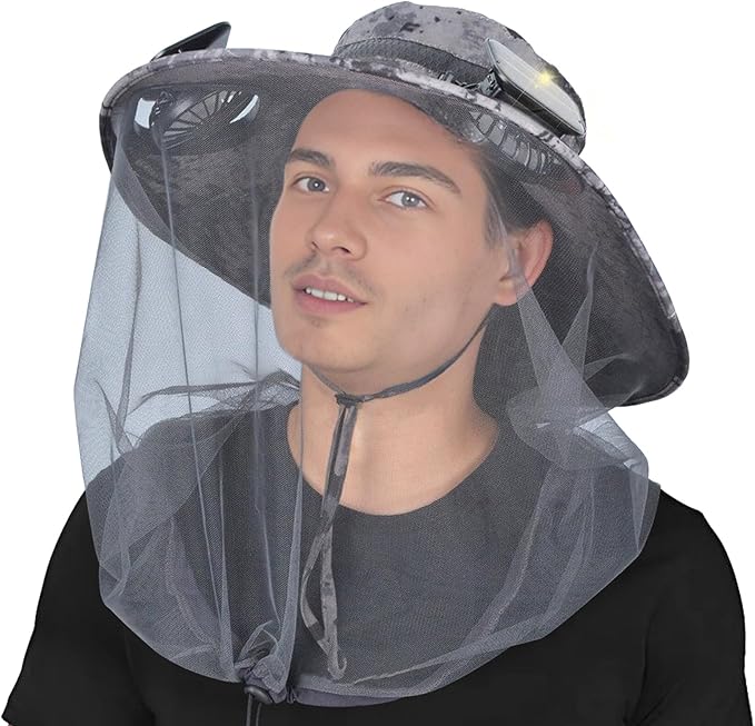 Wide Brim Sun Hat with Solar Fan, Solar Powered Fan Hat with Mosquito Head Net, Men & Women Cooling Cap for Outdoor