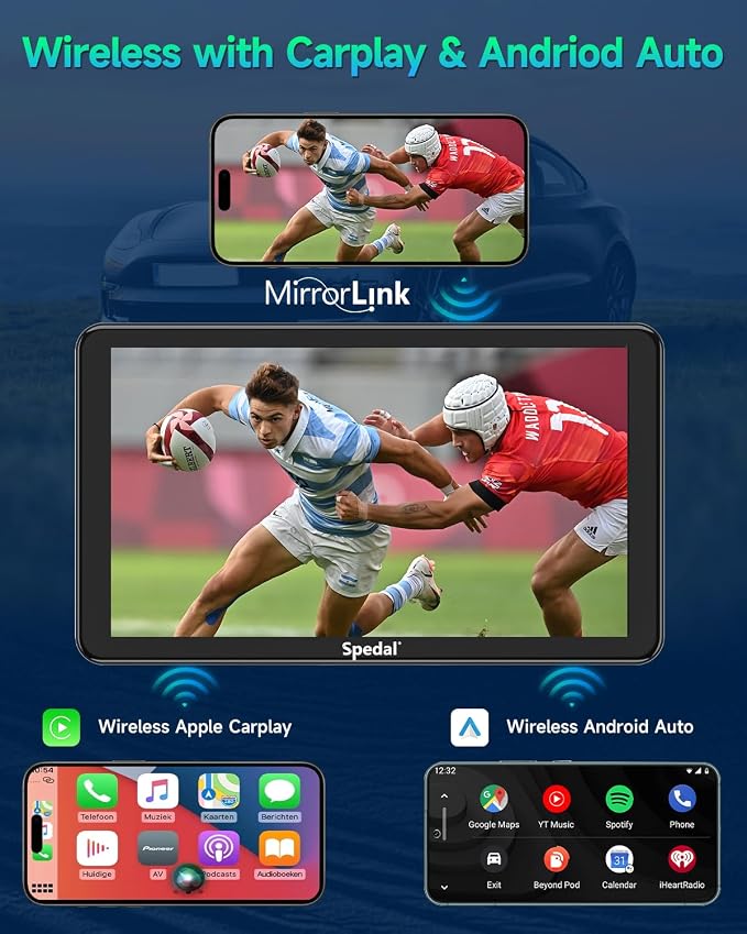 Spedal Car Play with Backup Camera, Portable CarPlay and Android Auto 7" CarPlay Screen for Car, Mirror Link/Bluetooth/Navigation/Voice Control