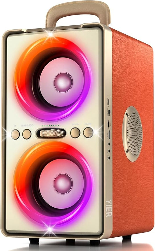 YIER Bluetooth Speaker, 240W Peak Loud Party Speaker with Big Bass, 20H Playtime, TWS, BT5.3, Large Portable Wireless Boom Box with LED Light for Outdoor Backyard Beach Home (Leather Orange)